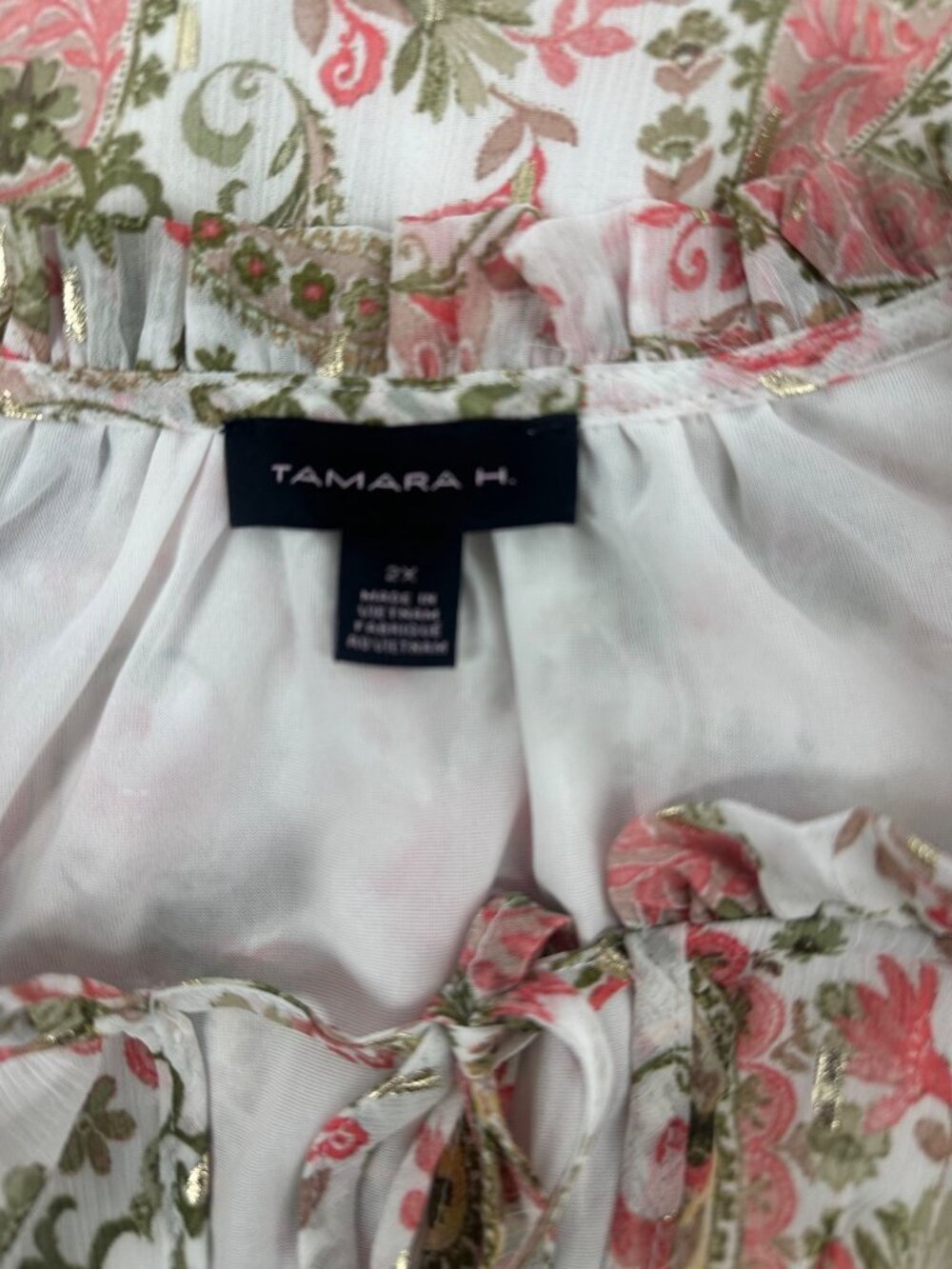 Tamara H Women Paisley Floral Blouse 2X Plus Gold Metallic Tie Boho Neck Ruffle - Picture 5 of 9